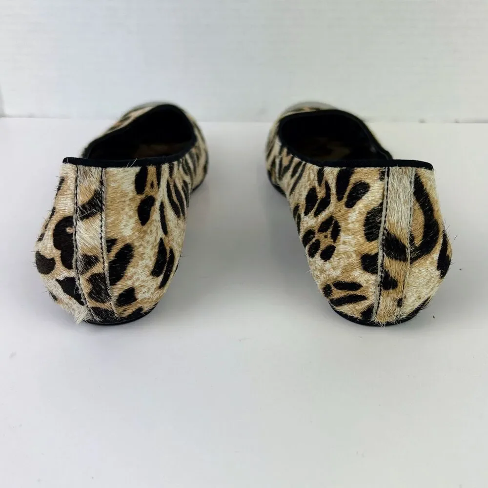 Sam Edelman Jordie Leopard Ballet Flats Calf Hair Leather Silver Cap Toe Shoes 8